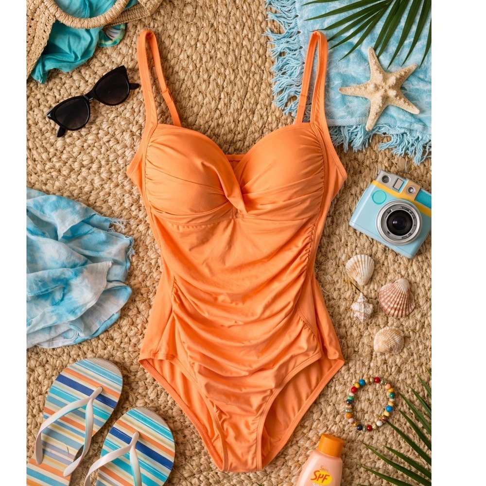 Liz Claiborne Orange Ruched Twist Front One‎ Piece Swimsuit Size 14 9JCE313M